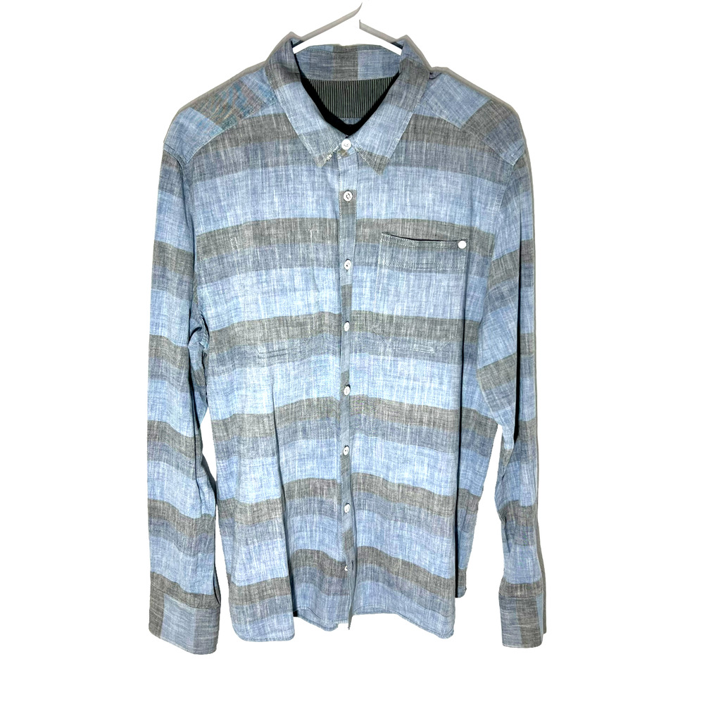 Gsus Industries Mens Size Large Button Up Shirt Blue Gray Stripe 100% Cotton